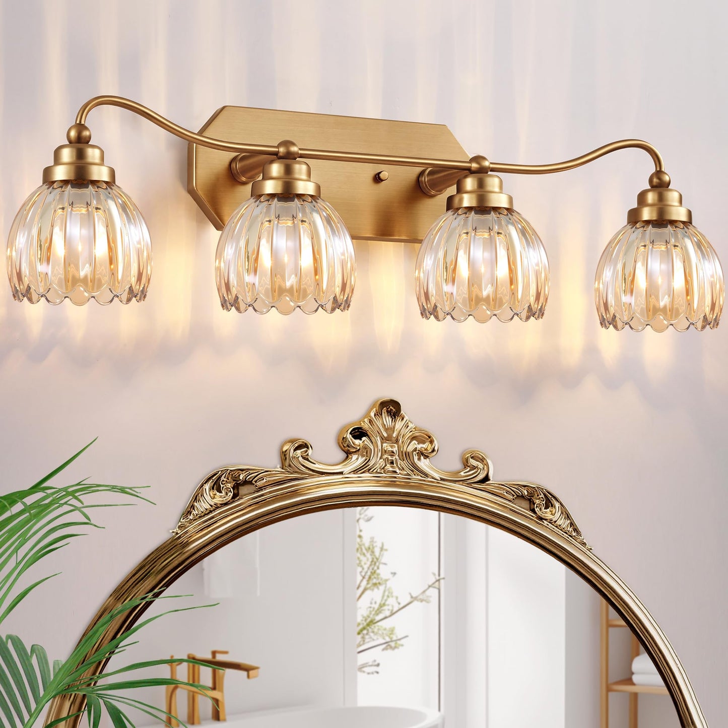 3 Light Gold Vintage Vanity Lights, Antique Brass Finish | Clear Tulip Crystal Shades,Brushed Gold Bathroom Light Fixtures,Wall Sconce Ideal for Bedroom, Hallway, Easy to Install