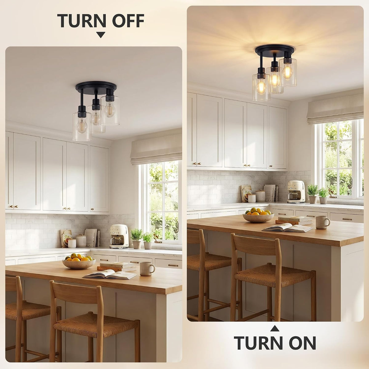 ROTTOGOON Semi Flush Mount Ceiling Light, Close to Ceiling Lights Fixtures, 3 Light Kitchen Ceiling Lights Fixtures with Glass Shades, Hallway Light Fixtures Ceiling Mount for Foyer, 9.9" x 13", Black
