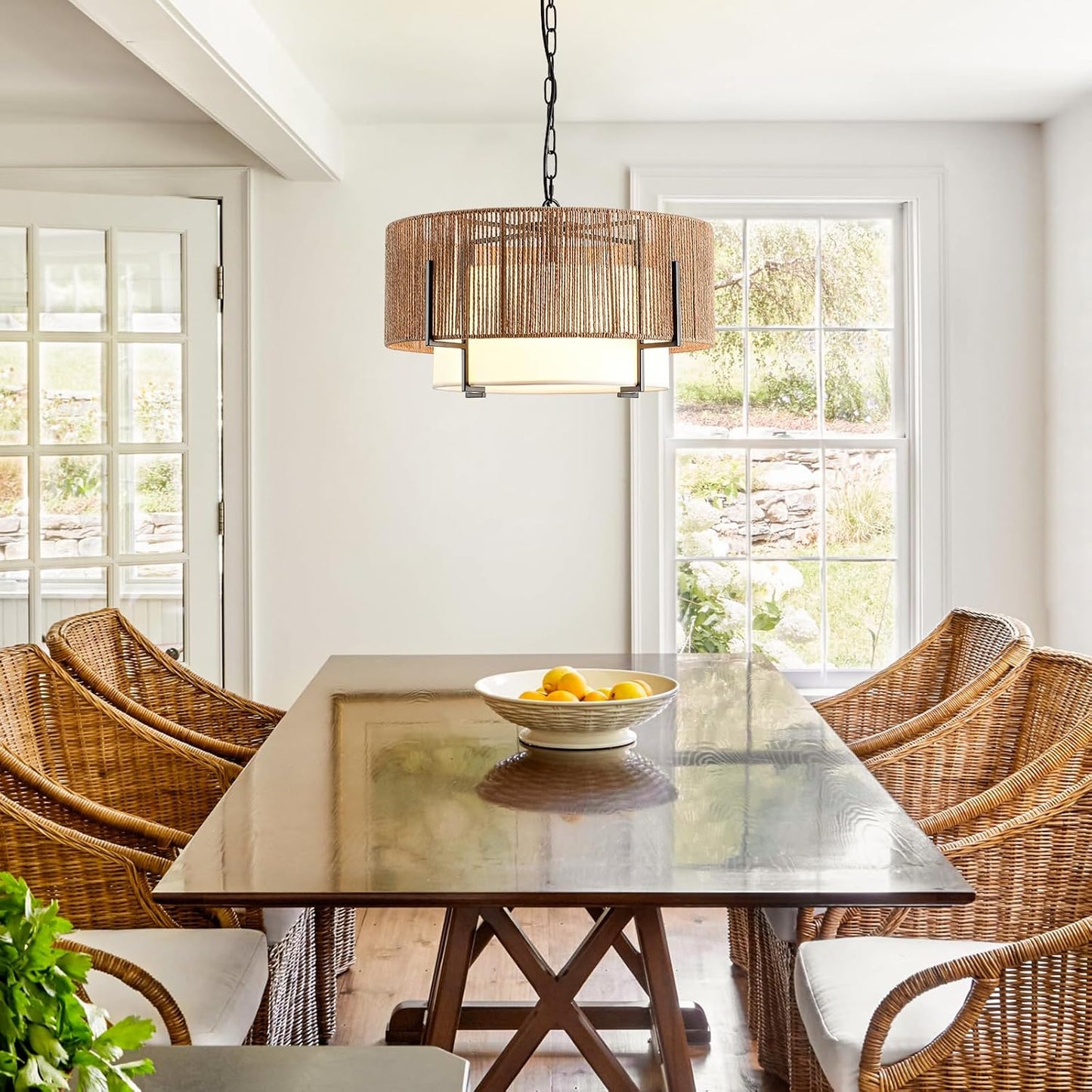 4-Light Rattan Chandelier for Dining Room, 19.7" Boho Pendant Light | Hand Woven, Drum Design with Fabric Shade, Farmhouse Style, for Living Room, Kitchen Island, Bedroom, Hallway, Foyer