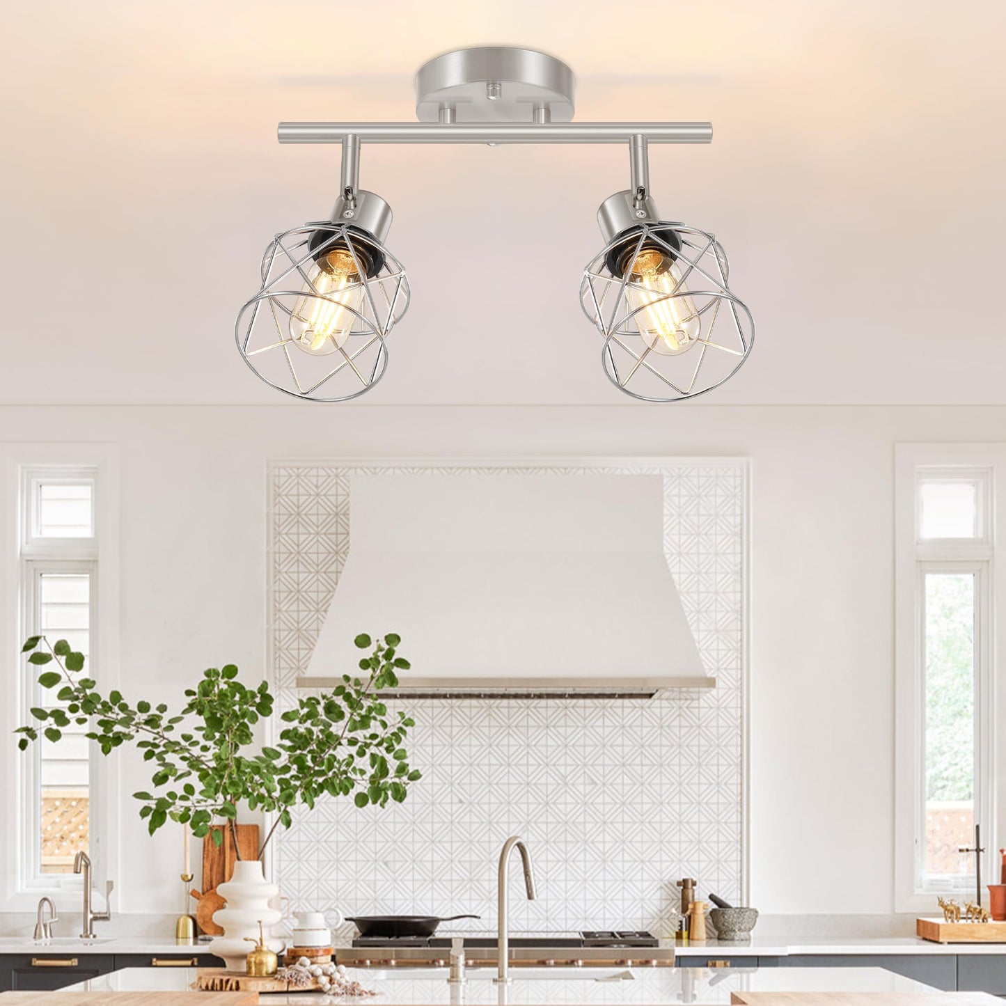 Baocuz 4-Lights Semi Flush Mount Ceiling Light, Adjustable Multi-Directional Light Fixtures, Rotatable Farmhouse Light Fixtures Mount with Metal Cage for Dining Room, Living Room