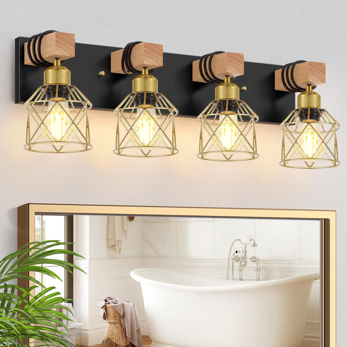 FadimiKoo 3-Light Bathroom Vanity Lights, Farmhouse Bathroom Light Fixtures | Rustic Wood & Black Metal Shade, Wood Bathroom Lighting Fixtures Over Mirror, Wall Sconces for Bathroom Bedroom Living Room