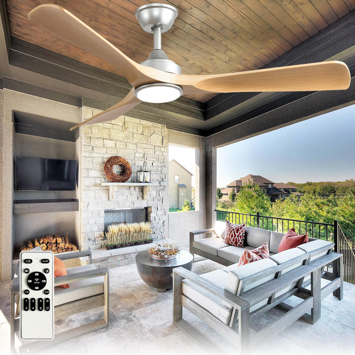 Outdoor Ceiling Fan with Light: 52 Inch 3 Blade Outdoor Fans for Patios - Modern Plastic Walnut Ceiling Fan with Dimmable Light Remote Control Ultra Quiet Reversible DC Motor Timer