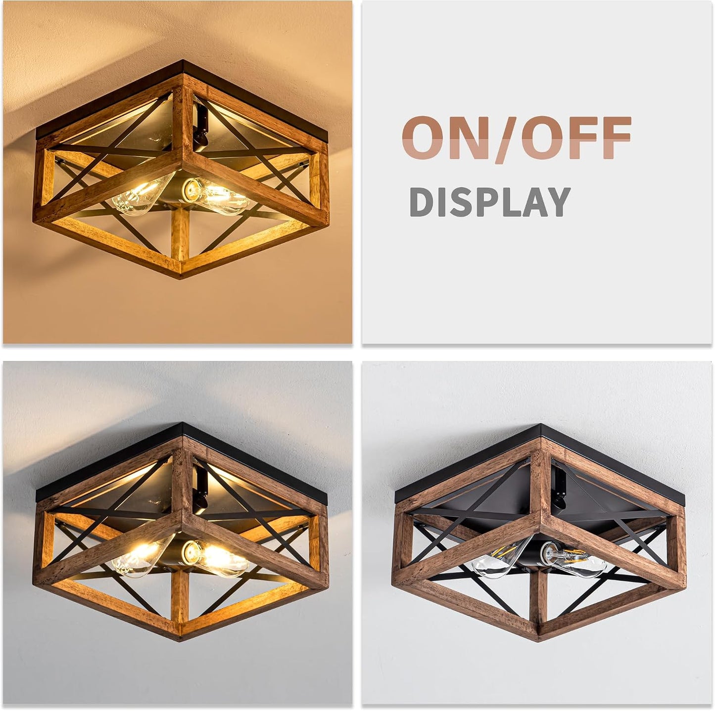 Rpzloila Flush Mount Ceiling Light Fixture for Kitchen Hallway, 2-Light Close to Ceiling Light with Black Metal and Wood Design, Rustic Farmhouse Ceiling (Bulb not Included)