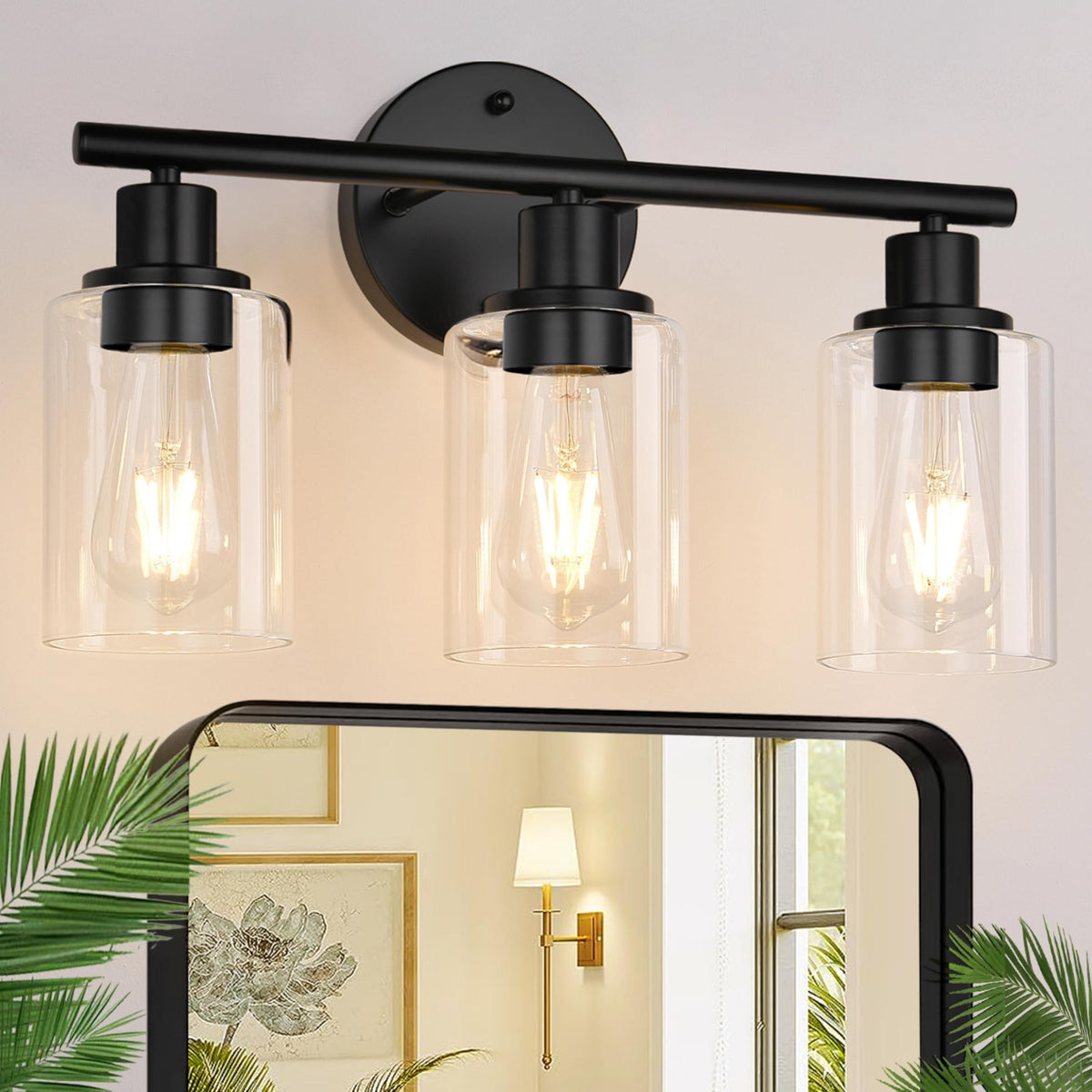 Zarbitta 3-Light Bathroom Light Fixtures, Brushed Nickel Vanity Light, Farmhouse Wall Lights with Clear Glass Shade, Bathroom Wall Lamp for Mirror Kitchen Bedroom Hallway Living Room Hallway Cabinet