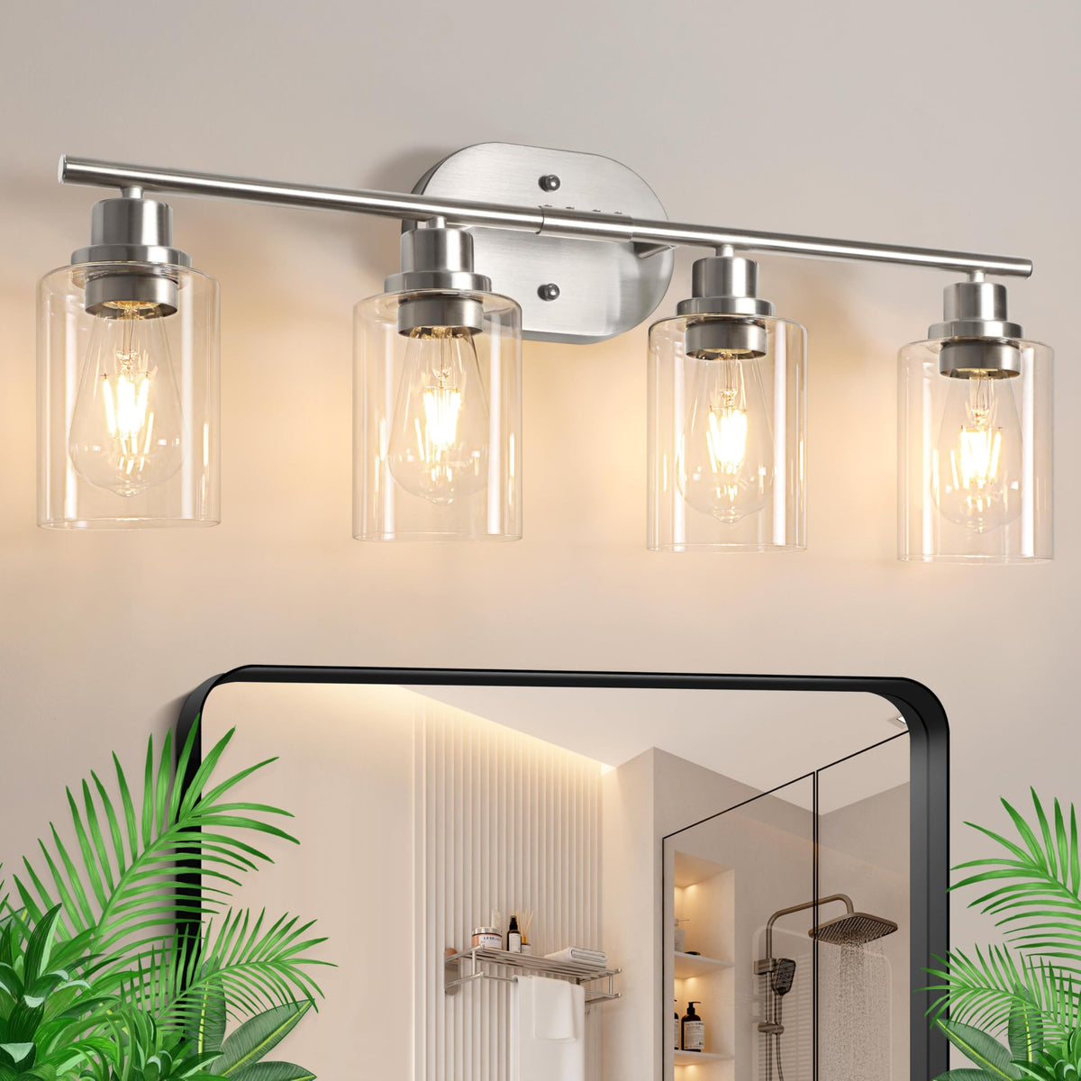 Ascher Bathroom Vanity Light Fixtures, 3 Light Wall Sconces Lighting with Clear Glass Shade, Brushed Nickel Wall Lights for Mirror, Kitchen, Living Room, Gallery, E26 Base (Bulbs Not Included)