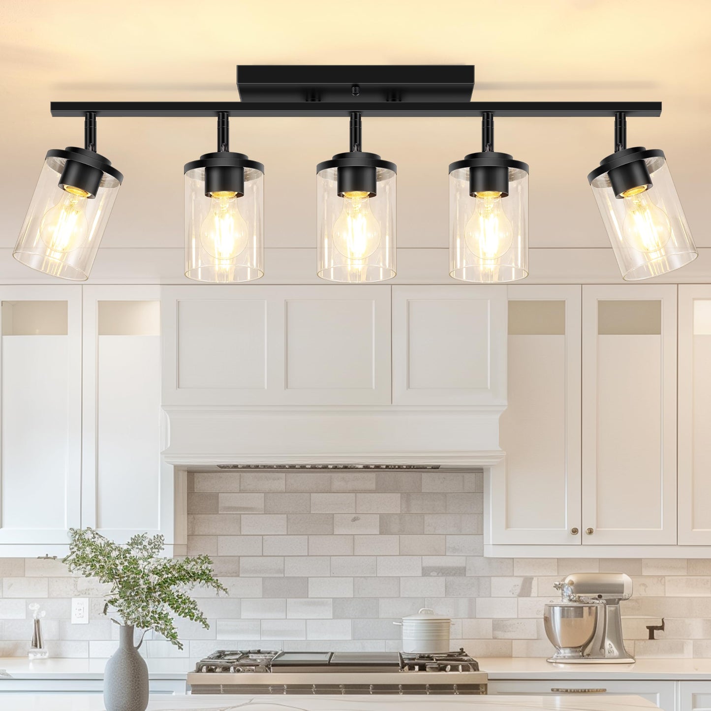 FadimiKoo 3-Lights Semi Flush Mount Ceiling Light, Adjustable Kitchen Light Fixtures Ceiling Mount with Clear Glass Shades, Rotatable Black Track Lighting Fixtures for Hallway, Foyer, Bedroom