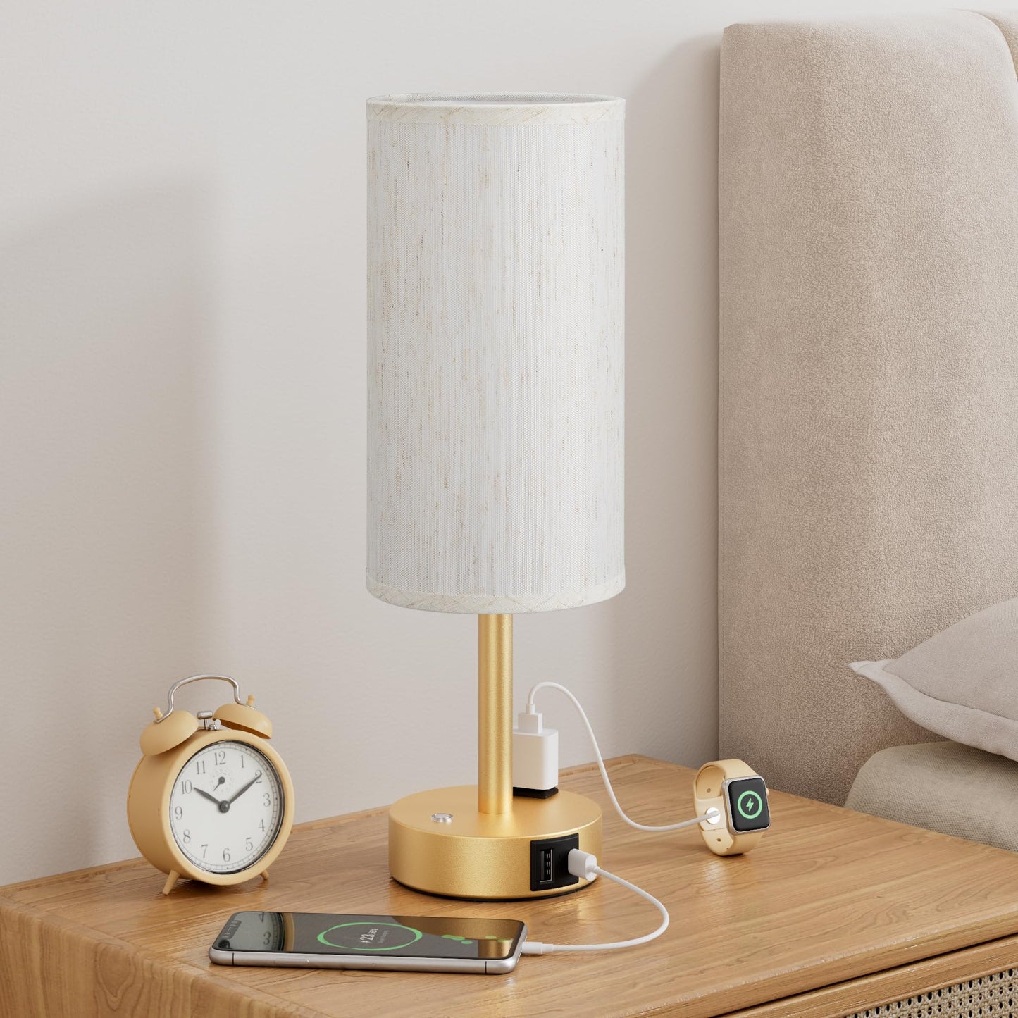 Touch Bedside Table Lamp for Bedroom, Stepless Dimmable, USB A+C, AC Outlet | Base Touch Button Only, Memory Brightness, Ultra-dim Night Light, Included Bulb for Optimal Dimming, Wood Grain Base, Nursery