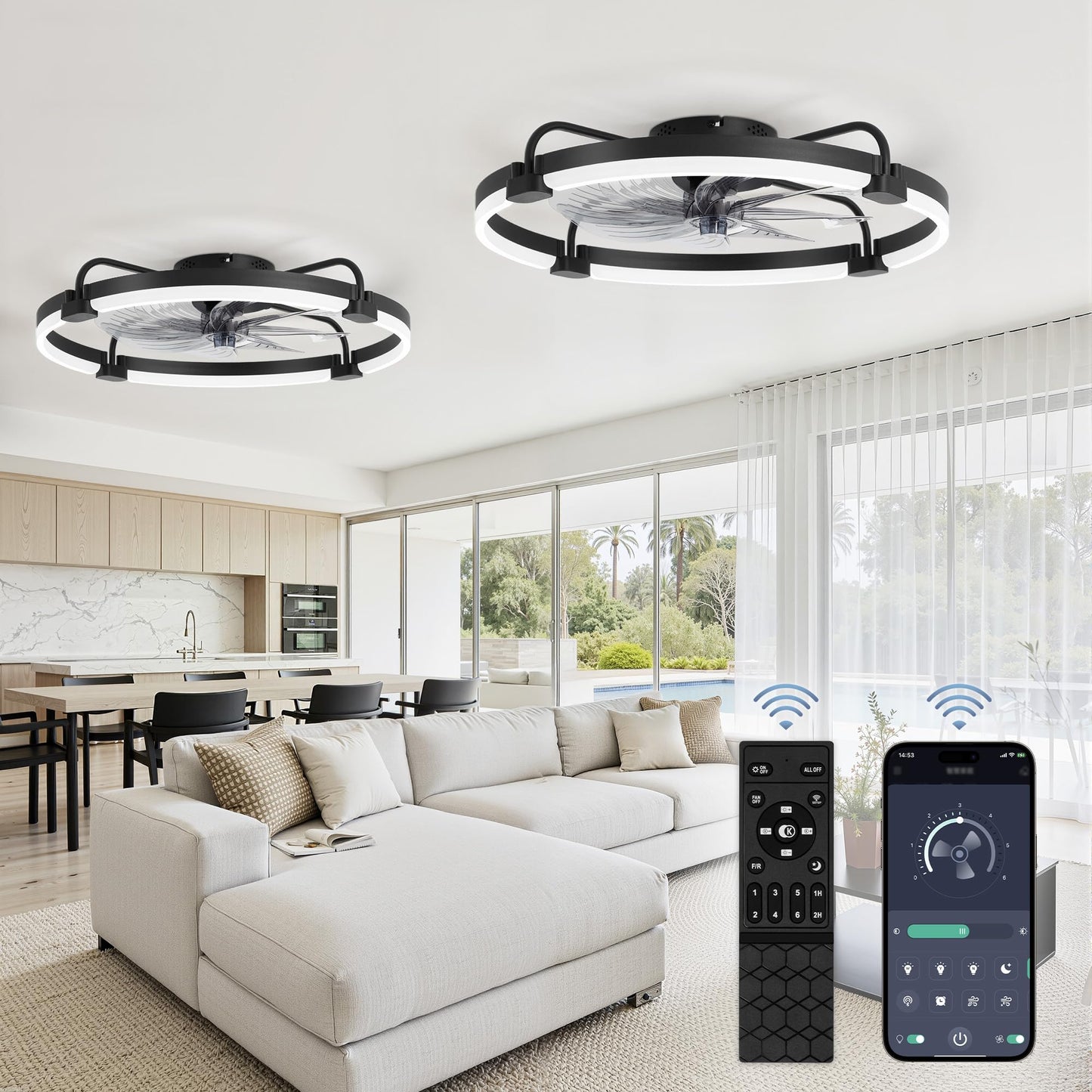 LEDIARY 20" Ceiling Fans with Lights and Remote, Low Profile Led Fan Light | Flush Mount, Stepless Dimmable Fandelier, 6 Speeds, 3 CCT, Quiet Reversible DC Motor, 2H Timer, Bedroom, Living Room, Black