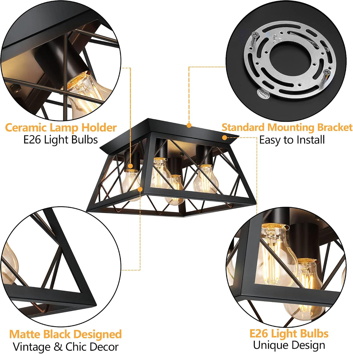 FadimiKoo 4-Light Black Flush Mount Ceiling Light for Kitchen Hallway, Industrial Close to Ceiling Lighting, Farmhouse Square Cage Lamp for Dining Room, Living Room, Bulb Not Included