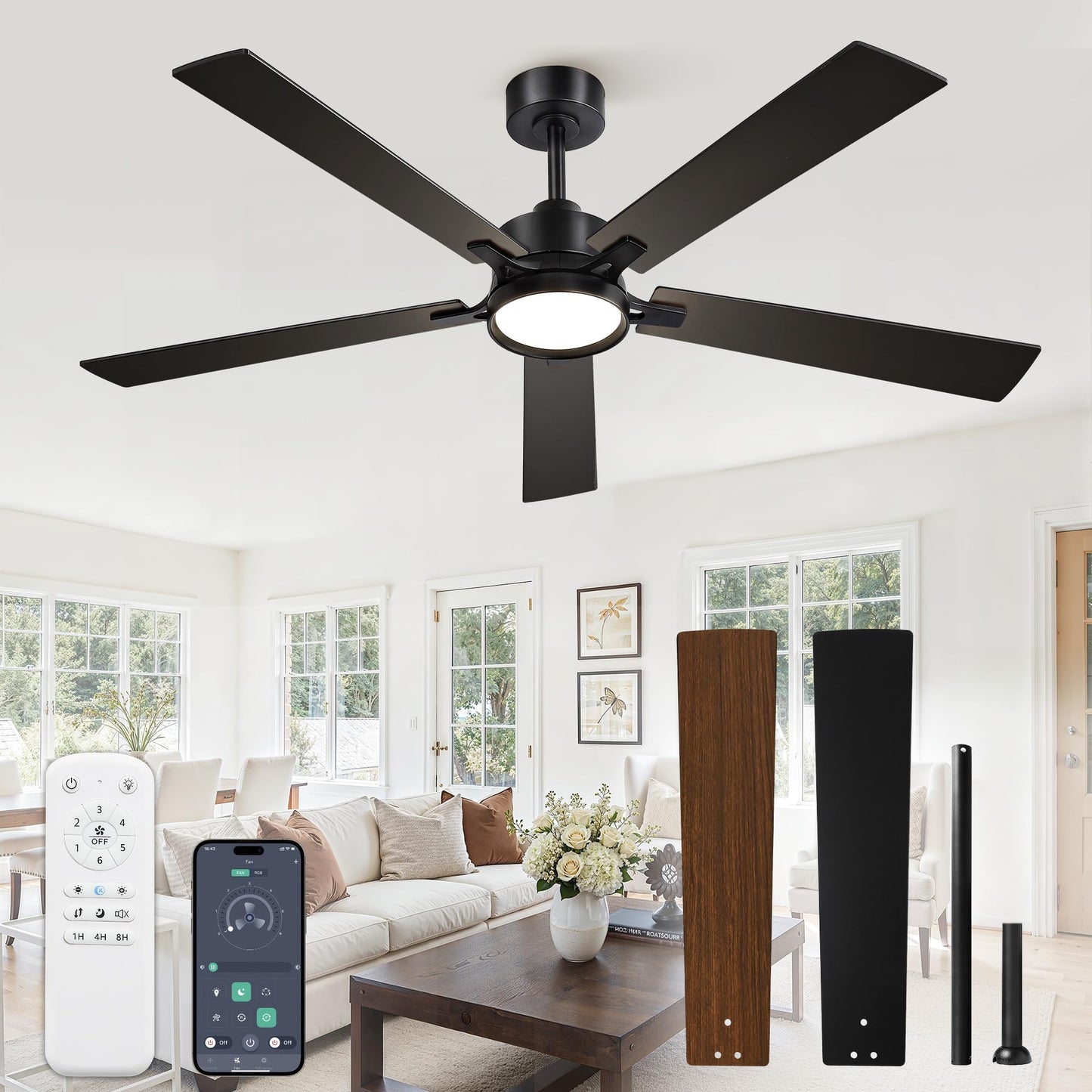 52 Inch Ceiling Fan with Lights,APP&Remote Control,DC Motor | Dimmable LED,3CCT,Memory Function,Dual-Finish Reversible Blades,Damp Rated,6 Speeds,Timer,Living Room,Bedroom,Covered Patio