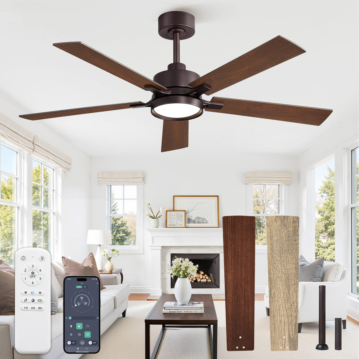 52 Inch Ceiling Fan with Lights,APP&Remote Control,DC Motor | Dimmable LED,3CCT,Memory Function,Dual-Finish Reversible Blades,Damp Rated,6 Speeds,Timer,Living Room,Bedroom,Covered Patio