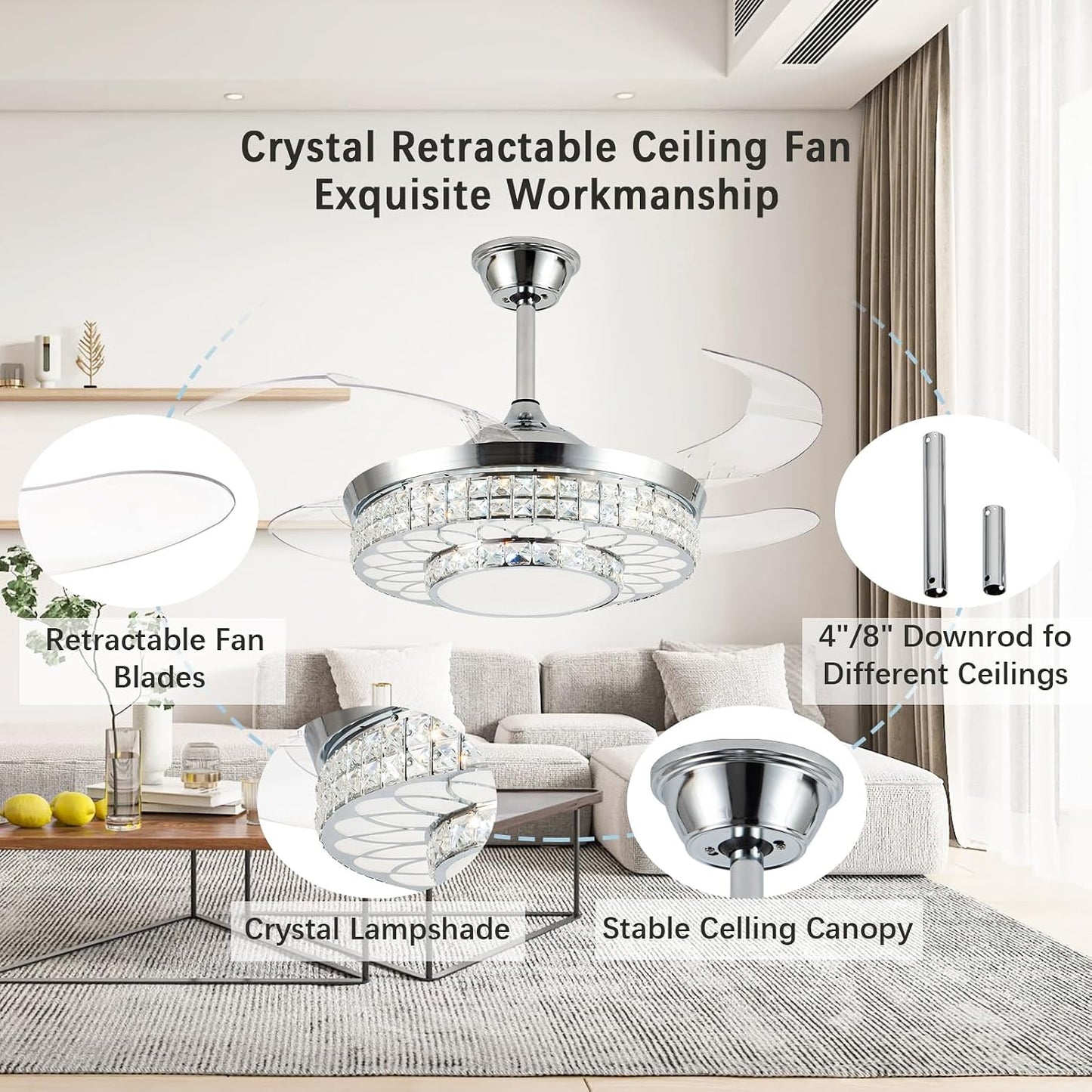 42" Retractable Ceiling Fans with Lights, Crystal Chandelier Ceiling Fan with Remote & APP Control, Modern Dimmable LED Fandelier for Living Room, Dinning Room, Bedroom (Silver)