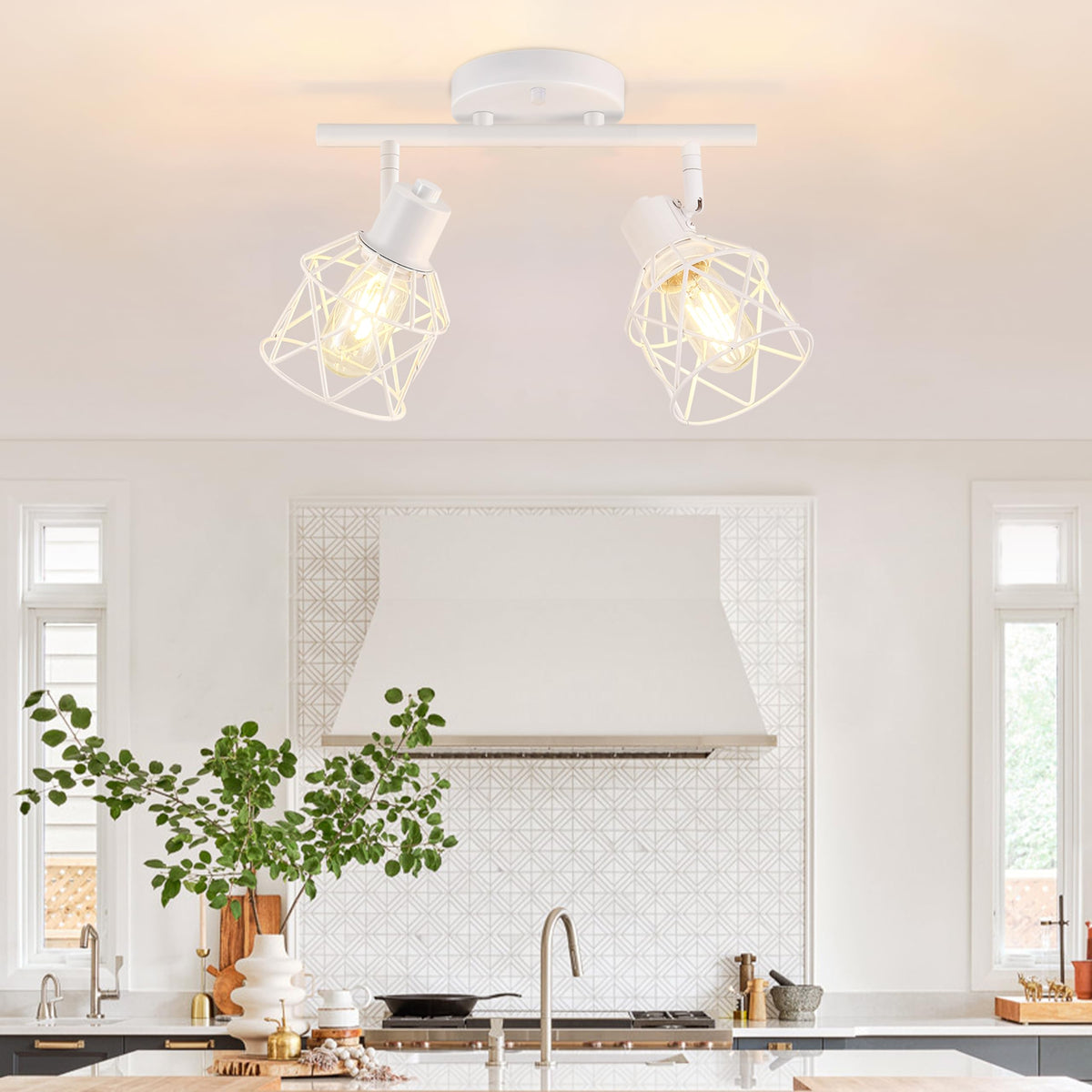 Baocuz 4-Lights Semi Flush Mount Ceiling Light, Adjustable Multi-Directional Light Fixtures, Rotatable Farmhouse Light Fixtures Mount with Metal Cage for Dining Room, Living Room
