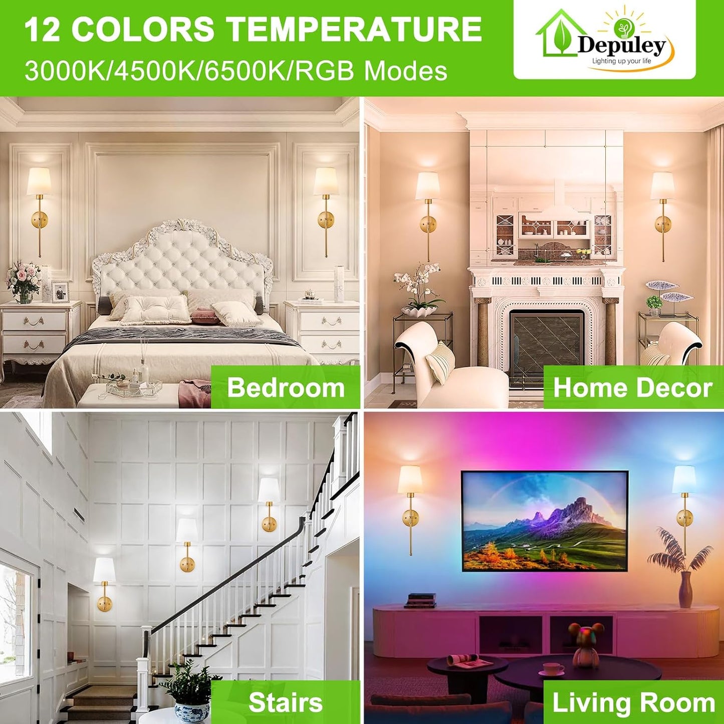 Depuley Battery Operated Wall Sconce: Set of 2 Wireless Wall Lights with 10000mAh Dimmable Bulbs and Remote for Bedroom - Rechargeable 15 Colors Gold Wall Lamp for Living Room Hallway