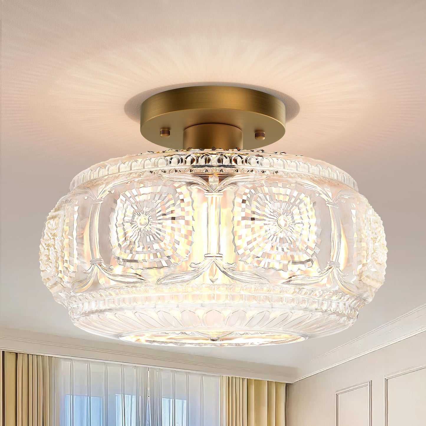 Globe Glass Semi Flush Mount Ceiling Light Fixture, Vintage Gold | Beautiful Light Shadow, Easy to Install, Bright Ambiance, Modern Lighting for Hallway Entryway Kitchen Bathroom Bedroom