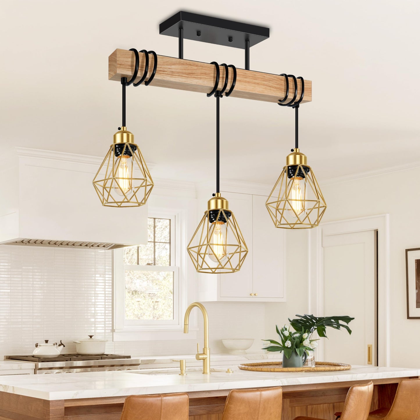 3-Lights Farmhouse Dining Room Pendant Light Fixtures Over Table, Rustic Solid Wood Kitchen Island Lighting Hanging with Metal Shades, Modern Black Ceiling Pendant Lamp for Living Room Hallway