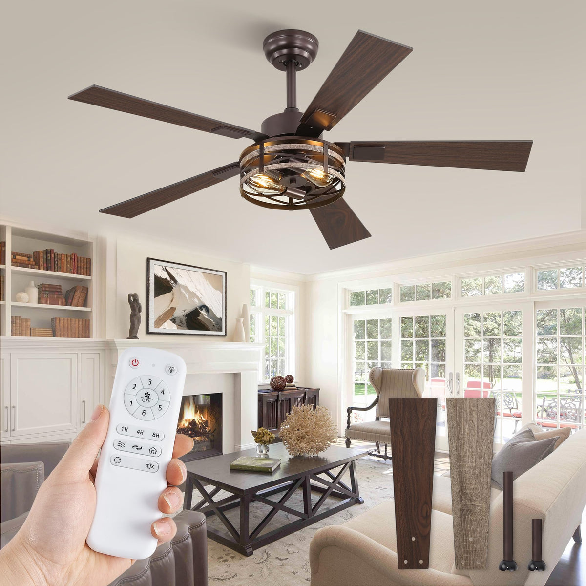 Fanbulous 48" Farmhouse Ceiling Fan with Light & Remote, 2-Light Caged | DC Motor Quiet and Reversible, 6-Speed Adjustable, Dual Finish 5 Blades Rustic for Bedroom and Living Room, Black and Walnut