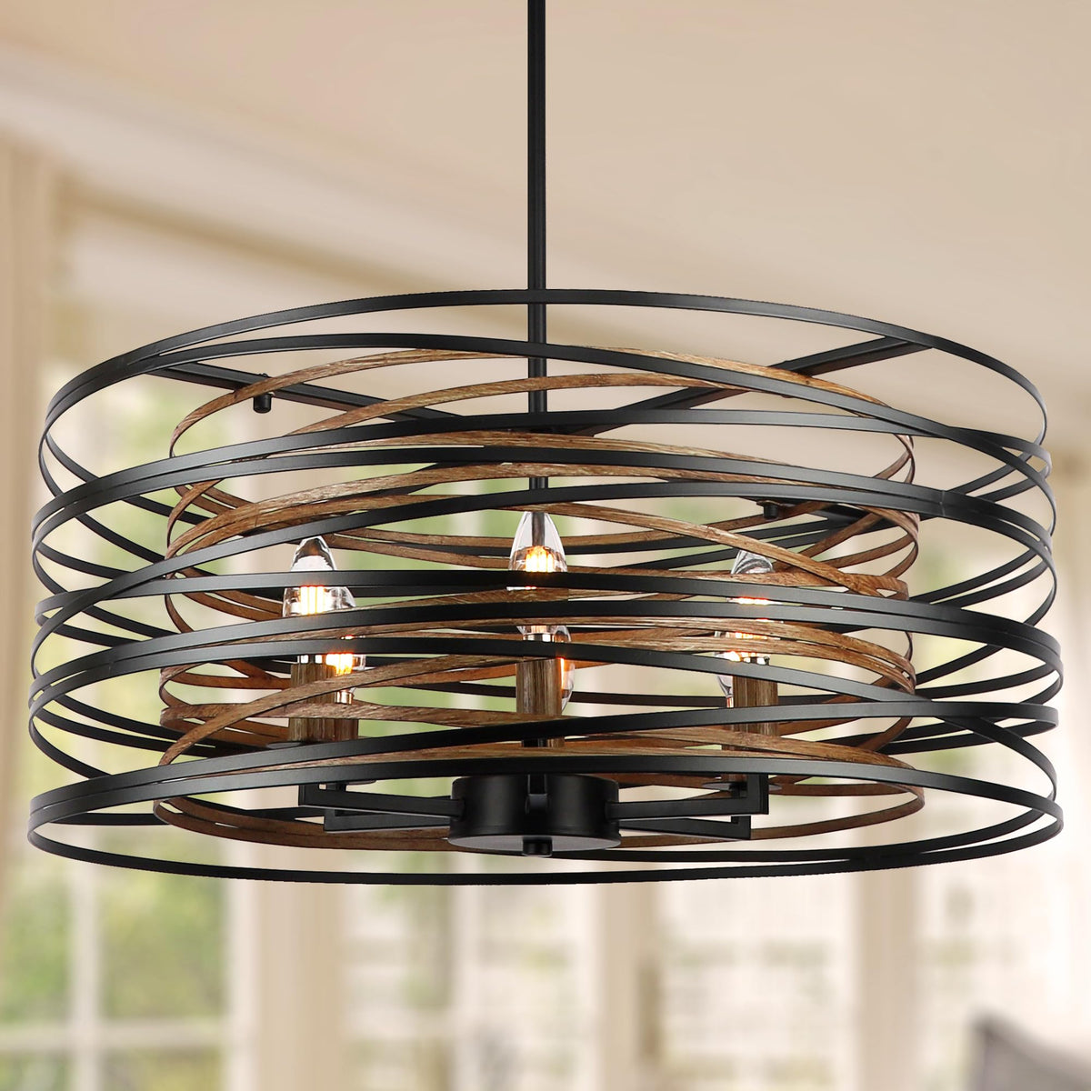 12.6'' Farmhouse Chandeliers for Dining Room, 3-Light Industrial Metal Hanging Light Fixture, Rustic Drum Pendant Light for Entryway Kitchen Foyer Bedroom, Black with Retro Wood Texture Interior