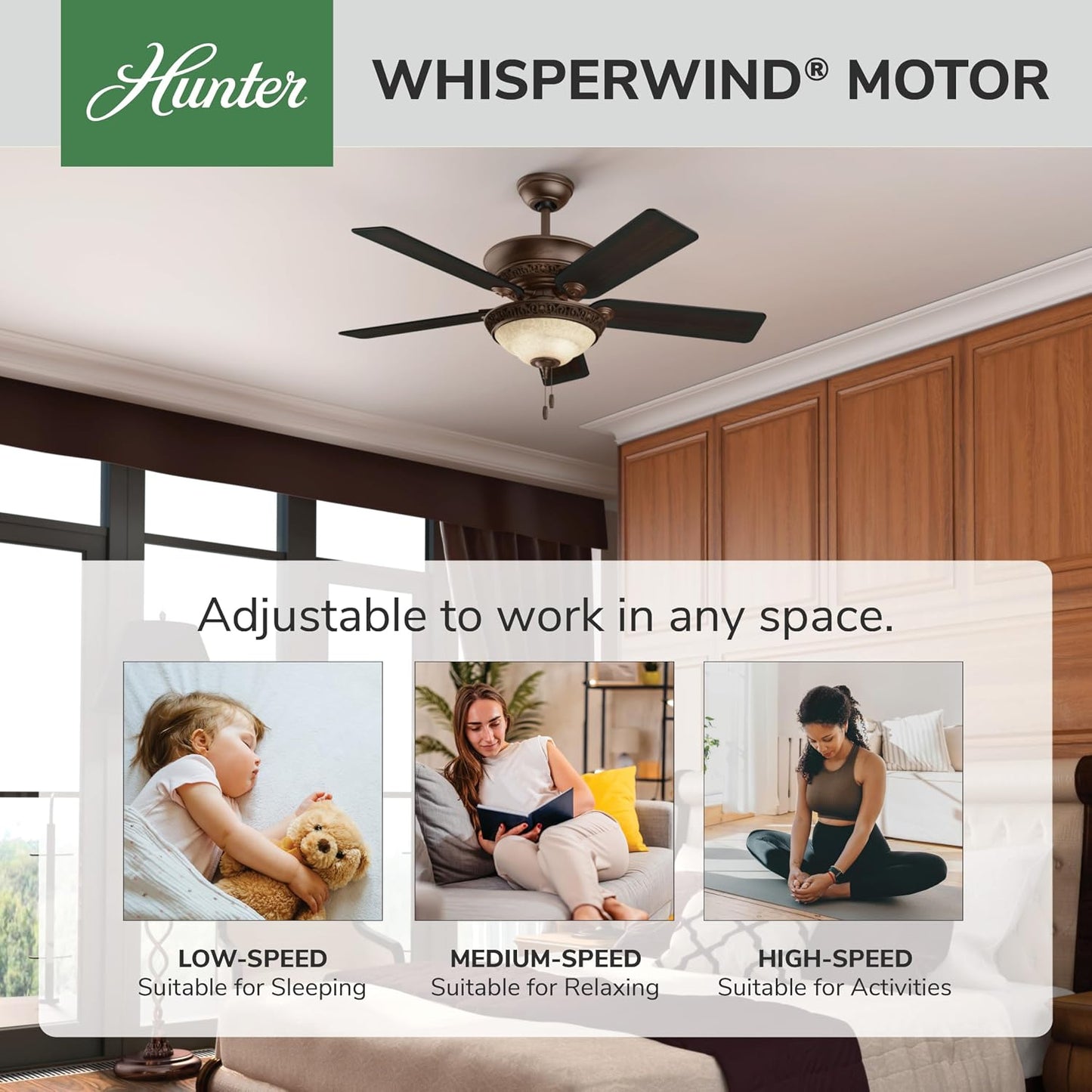Hunter Italian Countryside, Indoor, Ceiling Fan, 52 inch, P.A. Cocoa | with LED Light, Standard Mount, Pull Chain, 5 Blades, For Bedroom, Living Room, 53200