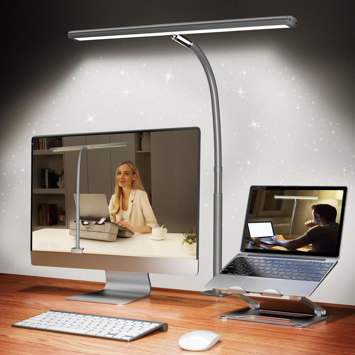 Airlonv LED Desk Lamp with Clamp, 17" Stepless Dimming Light, Black | 2700K-6500K, 100 LEDs, 360° Gooseneck, Fits Up to 30" Monitors, Flicker-Free Lighting for Home Office, Study& Workbench