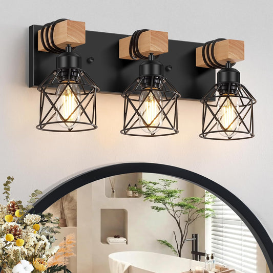 FadimiKoo 3-Light Bathroom Vanity Lights, Farmhouse Bathroom Light Fixtures | Rustic Wood & Black Metal Shade, Wood Bathroom Lighting Fixtures Over Mirror, Wall Sconces for Bathroom Bedroom Living Room