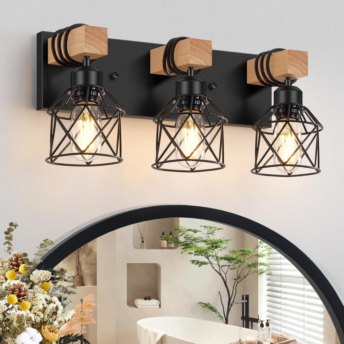 FadimiKoo 3-Light Bathroom Vanity Lights, Farmhouse Bathroom Light Fixtures | Rustic Wood & Black Metal Shade, Wood Bathroom Lighting Fixtures Over Mirror, Wall Sconces for Bathroom Bedroom Living Room
