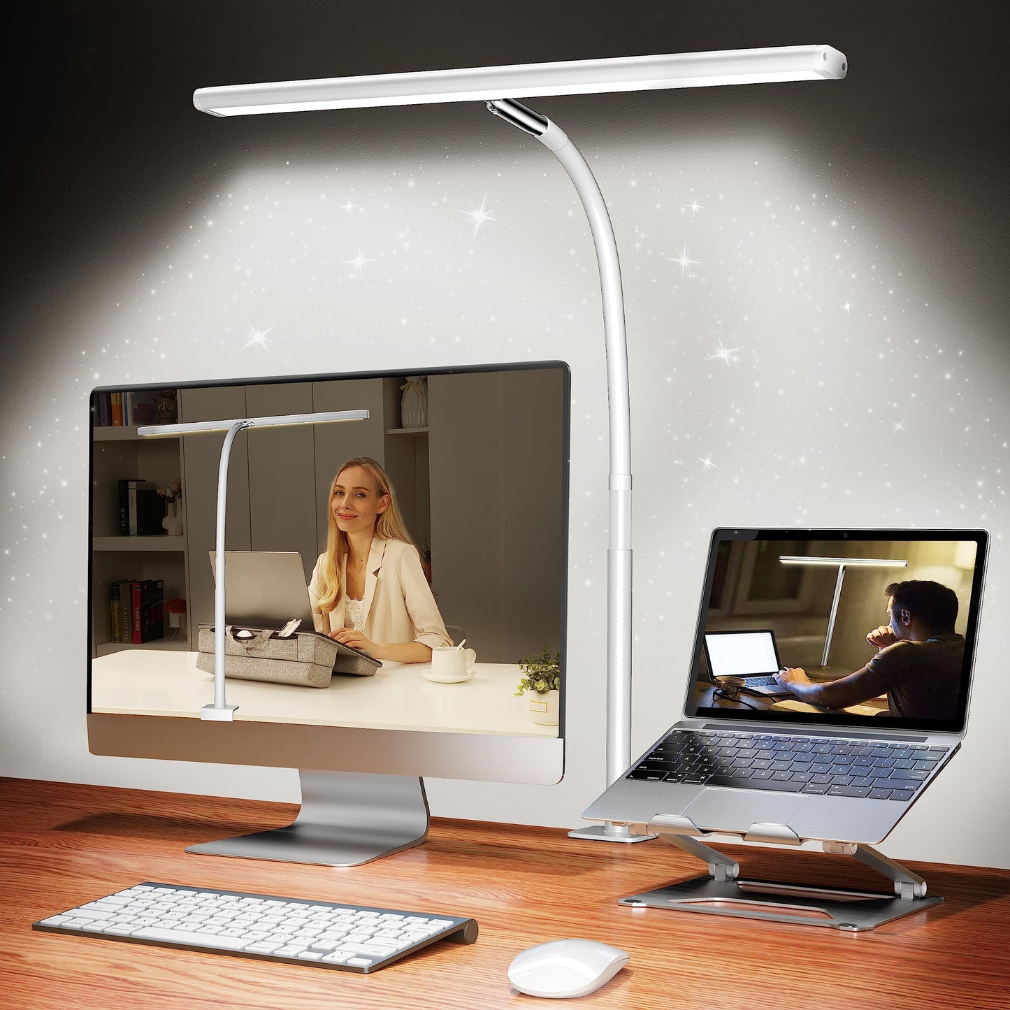 Airlonv LED Desk Lamp with Clamp, 17" Stepless Dimming Light, Black | 2700K-6500K, 100 LEDs, 360° Gooseneck, Fits Up to 30" Monitors, Flicker-Free Lighting for Home Office, Study& Workbench