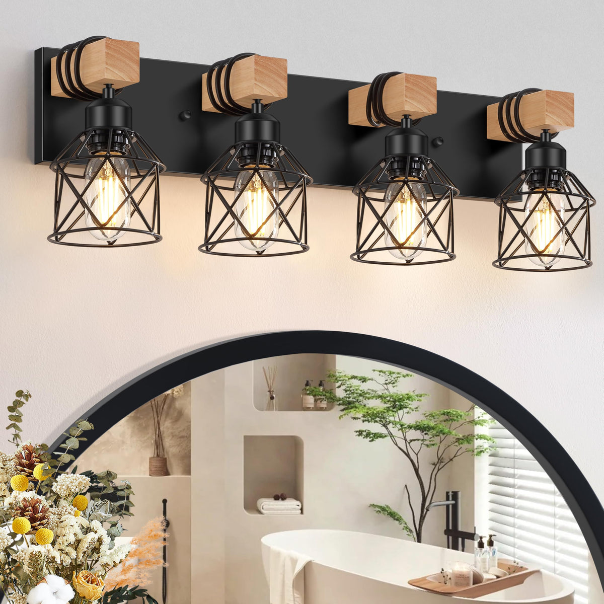 FadimiKoo 3-Light Bathroom Vanity Lights, Farmhouse Bathroom Light Fixtures | Rustic Wood & Black Metal Shade, Wood Bathroom Lighting Fixtures Over Mirror, Wall Sconces for Bathroom Bedroom Living Room